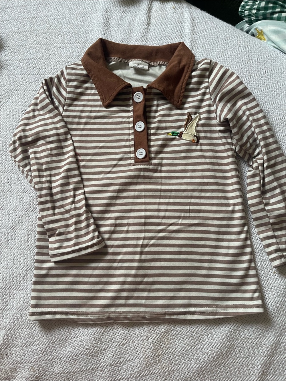 Striped Brown & Cream Long-Sleeve Polo Top for Kids with Duck emblem